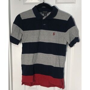 Polo Ralph Lauren Boys Pique Knit Blue & Gray Stripe w Red Base Polo Shirt - M